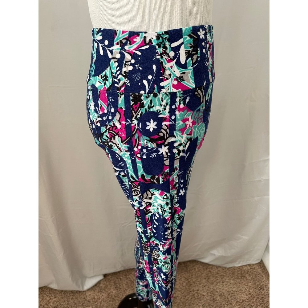 LuLaRoe Women's Navy Multi-Color Floral Abstract Print Stretch Leggings One Size - Picture 4 of 6